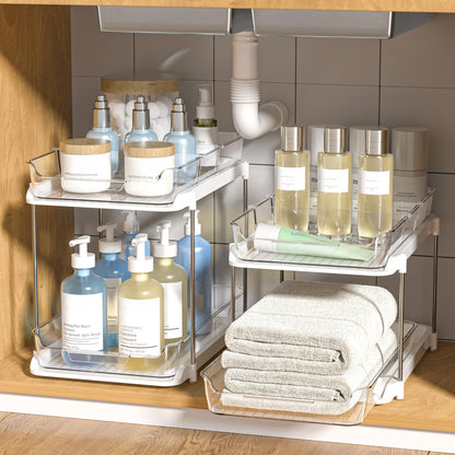 Delamu 2-Tier Multi-Purpose Bathroom Under Sink Organizers and Storage, Stackable Kitchen Pantry Organization, Pull Out Medicine Cabinet Organizer with Movable Dividers, White, 2 Pack - Available at All In One Marketplace Canada