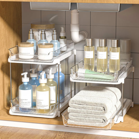 Delamu 2-Tier Multi-Purpose Bathroom Under Sink Organizers and Storage, Stackable Kitchen Pantry Organization, Pull Out Medicine Cabinet Organizer with Movable Dividers, White, 2 Pack - Available at All In One Marketplace Canada