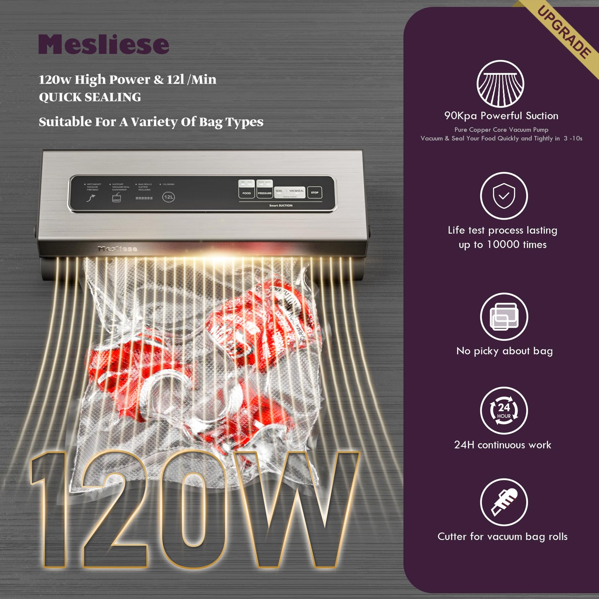 Mesliese Vacuum Sealer Machine Powerful 90Kpa Precision 6-in-1 Compact Vacuum Food Preservation System with Cutter, 2 Bag Rolls & 5 Pre-cut Bags, Dry&Moist Modes Smart Suction, ETL Listed (Silver) - Available at All In One Marketplace Canada