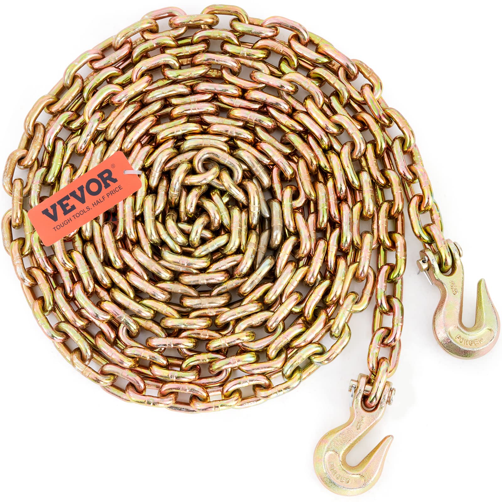 VEVOR Transport Binder Chain, 7100 lbs Working Load Limit, 3/8'' x 20' G80 Tow Chain Tie Down with Grab Hooks, DOT Certified, Galvanized Coating Manganese Steel for Dock Factory Construction Site VEVOR