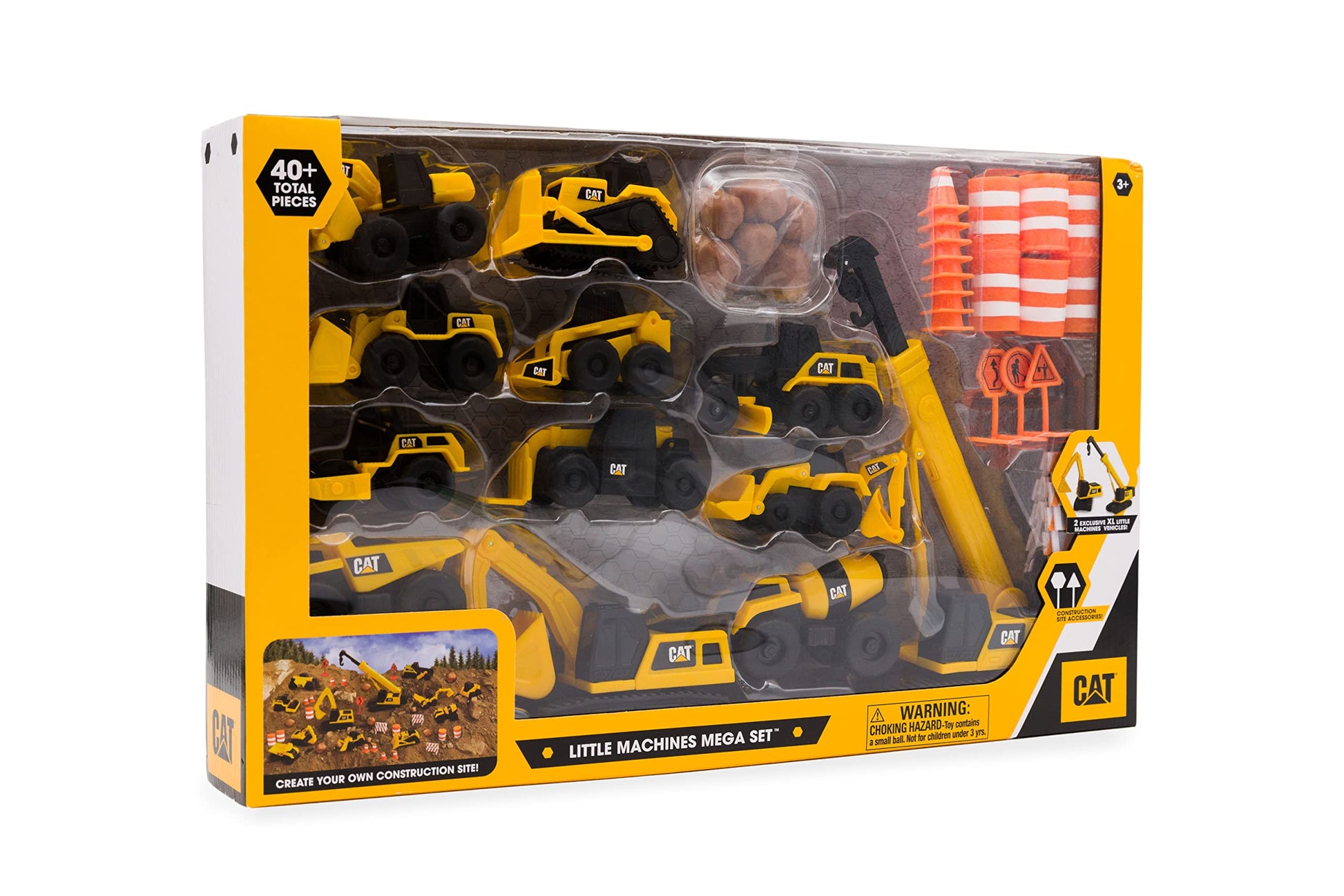 CAT Construction Toys, Little Machines Mega Set – 40+ Pieces with XL Crane & Excavator, 10 Mini Vehicles, Road Signs, Cones, Boulders & Barricades, Indoor/Outdoor STEM Toy for Kids Ages 3 + CAT