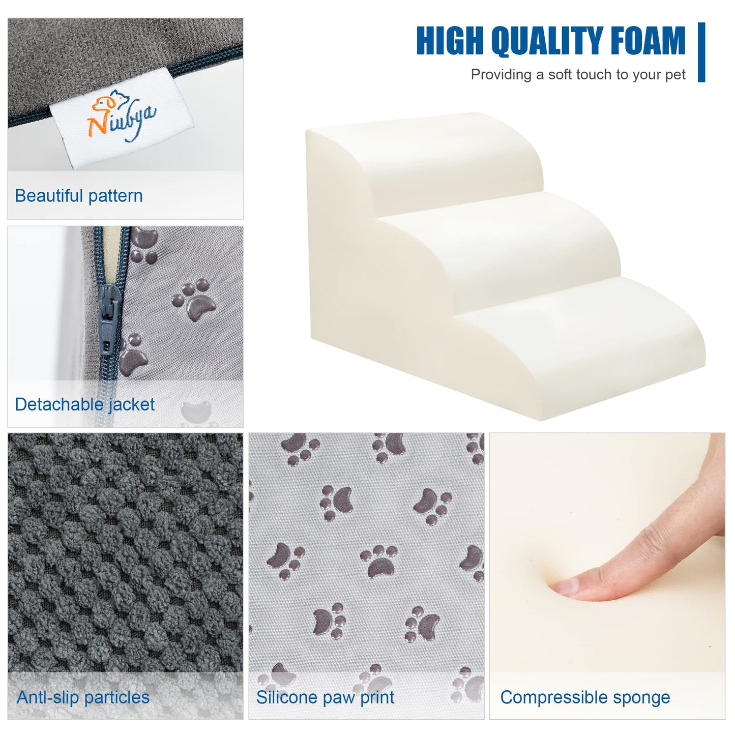 Dog Stairs for Small Dogs - High Density Foam Dog Ramp, Extra Wide Pet Steps with Non-Slip Bottom for High Beds, Couche and Sofa, Best for Dogs Injured, Older Doggy Cats, Pet with Joint Pain (3 Tiers) Niubya