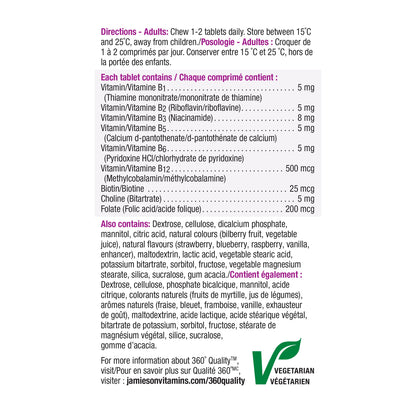 Jamieson Vitamin B Complex, 90 Chewable Tablets, Natural Berry Flavour. Naturally Energizing, Supports Metabolism, Provides Folate. Vegetarian, No Artificial Flavours, Colours or Preservatives - Available at All In One Marketplace Canada