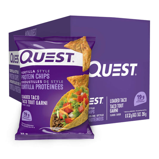 Quest Nutrition Tortilla Style Protein Chips, Loaded Taco, High Protein, Baked, Not Fried, Gluten Free, 1g Sugar, 5g Carbs, 8ct