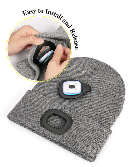 Gifts for Men, Unisex LED Beanie Hat with Light, 4 LED USB Rechargeable Hands Free Headlamp Winter Warm Knitted Cap, Flashlight Lights Hat Torch Skull Cap Women Men Gifts for Camping Hiking (Grey) 🍁 All In One Marketplace Canada