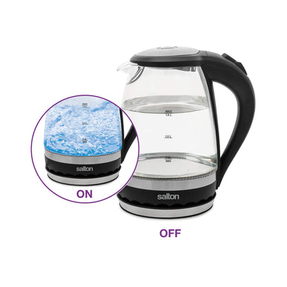 Salton Cordless Electric Glass Kettle - Compact 1.5L/Quart Water Boiler and Tea Heater with Automatic Shut-Off and Boil-Dry Protection, Soft Blue Illumination, Stainless Steel, 1100 Watts Salton