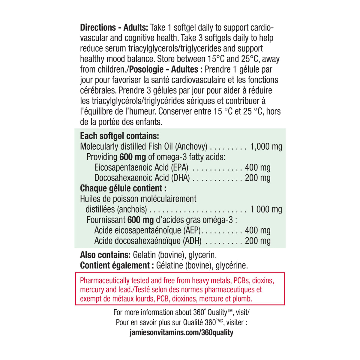 Jamieson Omega-3 Extra Strength Complete 600 mg, Supports Brain and Heart Health, and Mood Balance. With EPA and DHA, Non-GMO, Gluten-Free, 80 Softgels, Proudly Canadian