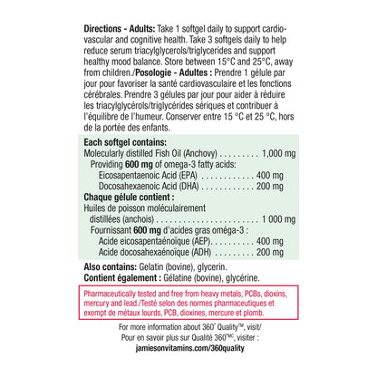Jamieson Omega-3 Extra Strength Complete 600 mg, Supports Brain and Heart Health, and Mood Balance. With EPA and DHA, Non-GMO, Gluten-Free, 80 Softgels, Proudly Canadian