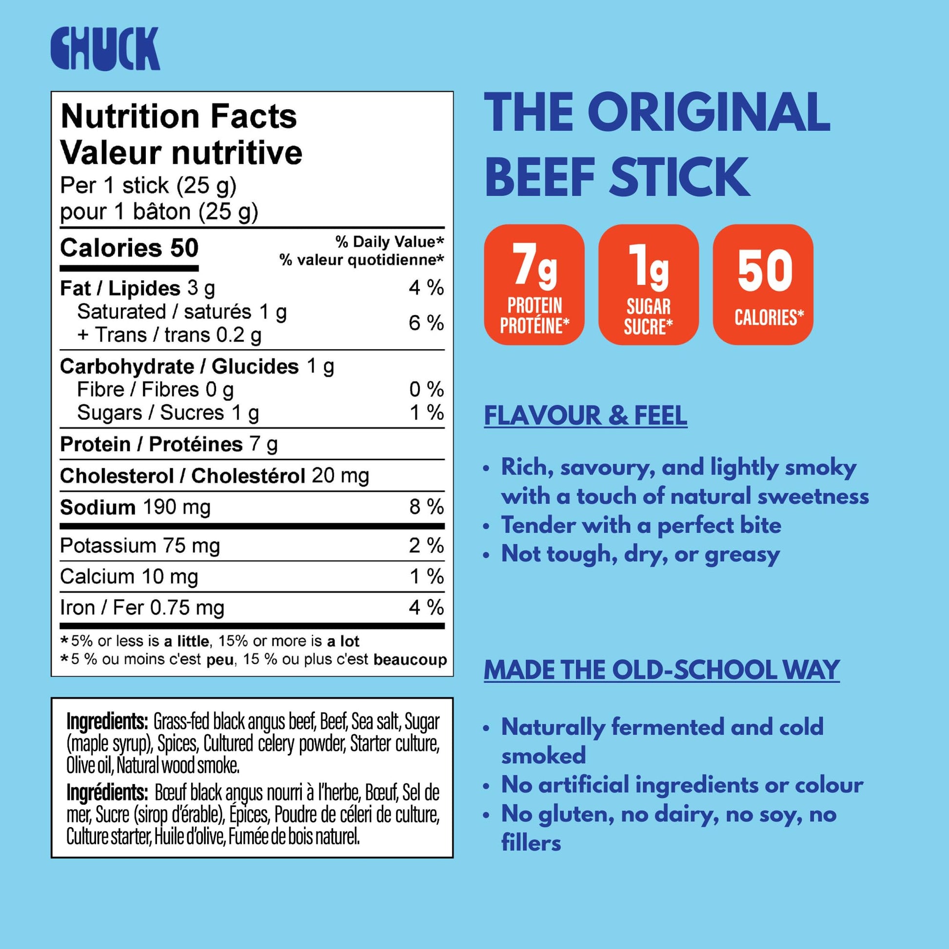 CHUCK Grass-Fed Beef Sticks - Family-Friendly Snack - 7g Protein Per Stick, Keto & Paleo, Gluten-Free, Low Sugar, Canadian Made, Non-GMO - 10 Pack