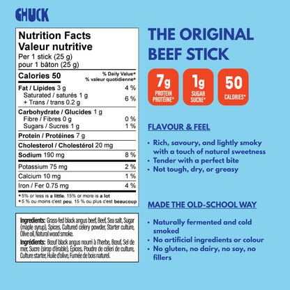 CHUCK Grass-Fed Beef Sticks - Family-Friendly Snack - 7g Protein Per Stick, Keto & Paleo, Gluten-Free, Low Sugar, Canadian Made, Non-GMO - 10 Pack