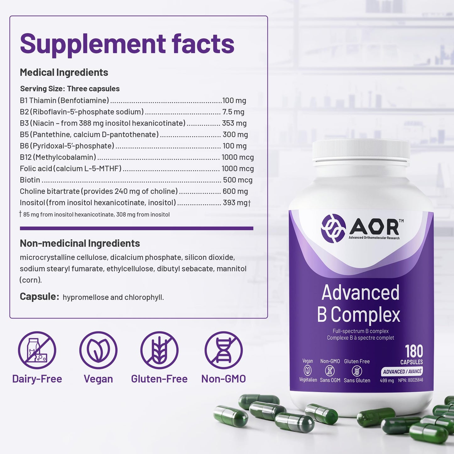 AOR Advanced B Complex Capsules, 180 Count 180-Day Supply - Full-Spectrum B Vitamin Blend with B1, B2, B3, B5, B6, B12, Inositol, Folic Acid & Biotin - Vegan, Non-GMO & Gluten-Free - Promotes Energy