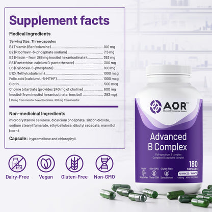 AOR Advanced B Complex Capsules, 180 Count 180-Day Supply - Full-Spectrum B Vitamin Blend with B1, B2, B3, B5, B6, B12, Inositol, Folic Acid & Biotin - Vegan, Non-GMO & Gluten-Free - Promotes Energy