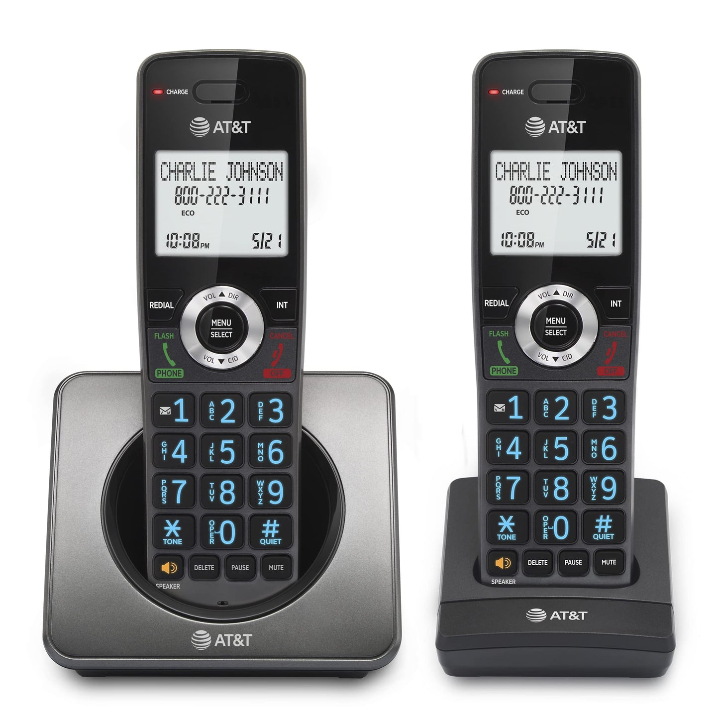 AT&T GL2101-2 DECT 6.0 Cordless Home Phone 2-Handset with Call Block, Caller ID, Full-Duplex Handset Speakerphone, 2" White Backlit Display, Lighted Keypad, Graphite & Black AT&T