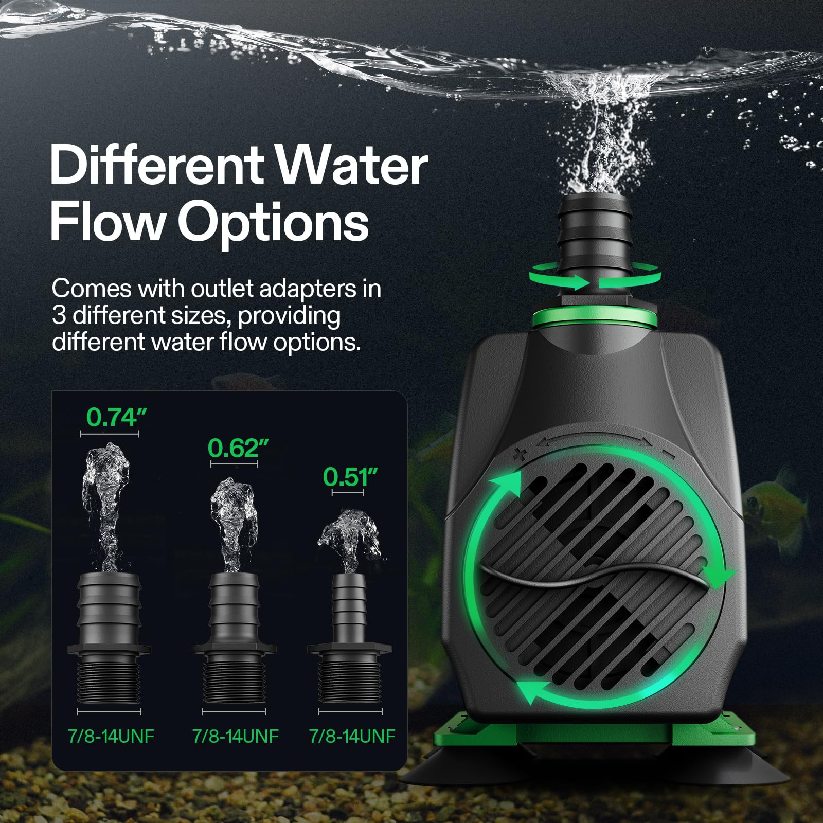 VIVOSUN 800GPH Submersible Pump(3000L/H, 24W), Ultra Quiet Water Pump with 10ft High Lift, Fountain Pump with 5ft Power Cord, 3 Nozzles for Fish Tank, Pond, Aquarium, Statuary, Hydroponics
