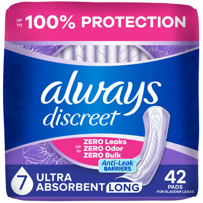 Always Discreet Adult Incontinence Pads for Women, Ultra Absorbency, Long Length, Postpartum Pads, 42 Count Always