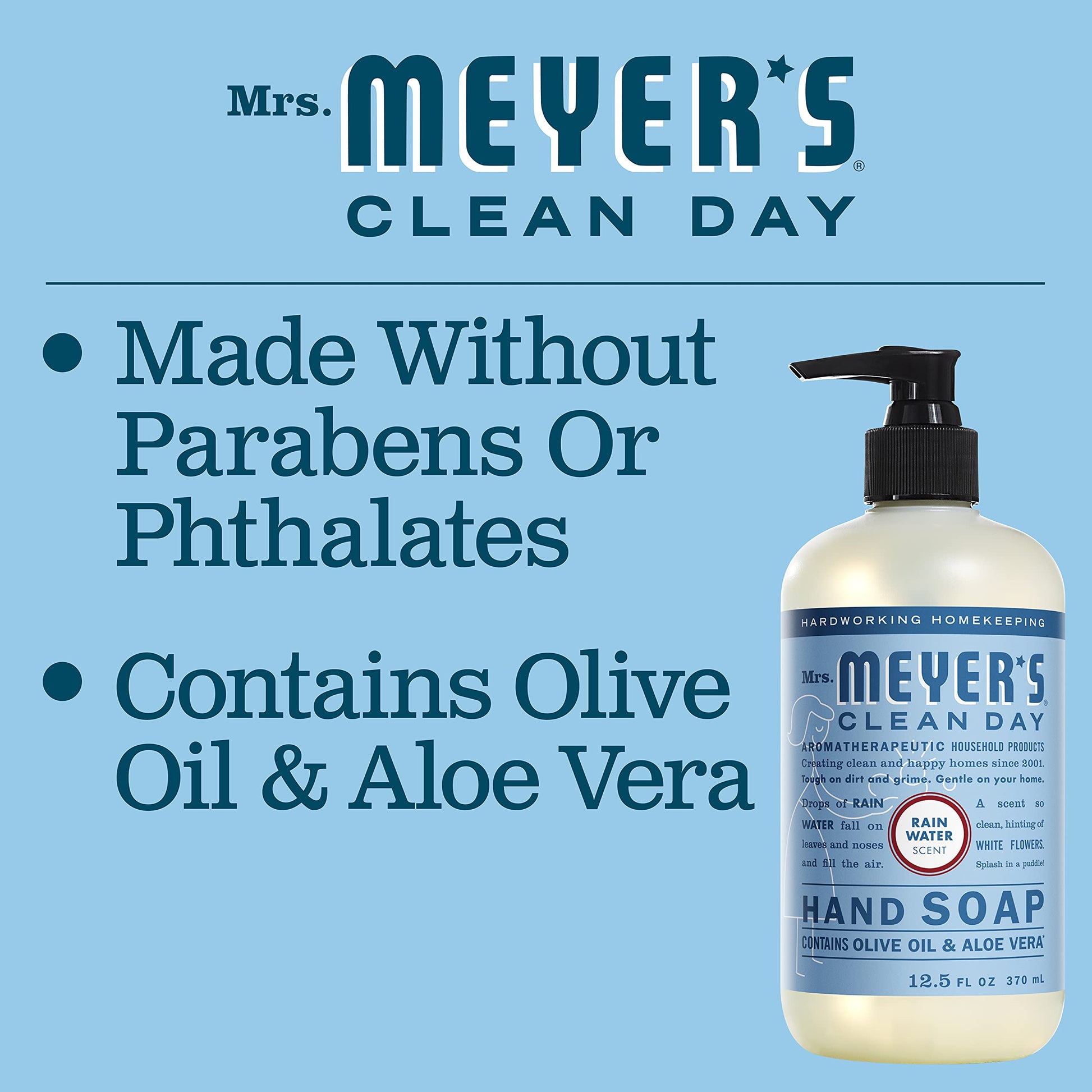 Mrs. Meyer's Clean Day Liquid Hand Soap, Rain Water, Cruelty Free & Biodegradable Hand Wash Formula Made with Essential Oils, 370 ml Bottles, 4 Pack MRS. MEYER'S