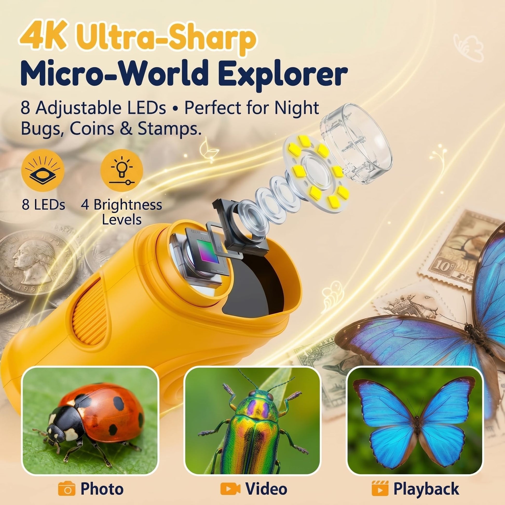 OAEBLLE Kids Microscope, 1000X 4K Digital Microscope with 2.4″ IPS Screen & 8 LED, USB Rechargeable, STEM Science Learning Kit Toys, Great Gift for Boys and Girls Aged 4-12