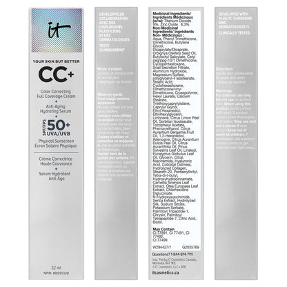 IT Cosmetics Your Skin But Better CC+ Cream, Neutral Medium (W) - Color Correcting Cream, Full-Coverage Foundation, Anti-Aging Serum & SPF 50+ Sunscreen - Natural Finish - 1.08 fl oz IT Cosmetics