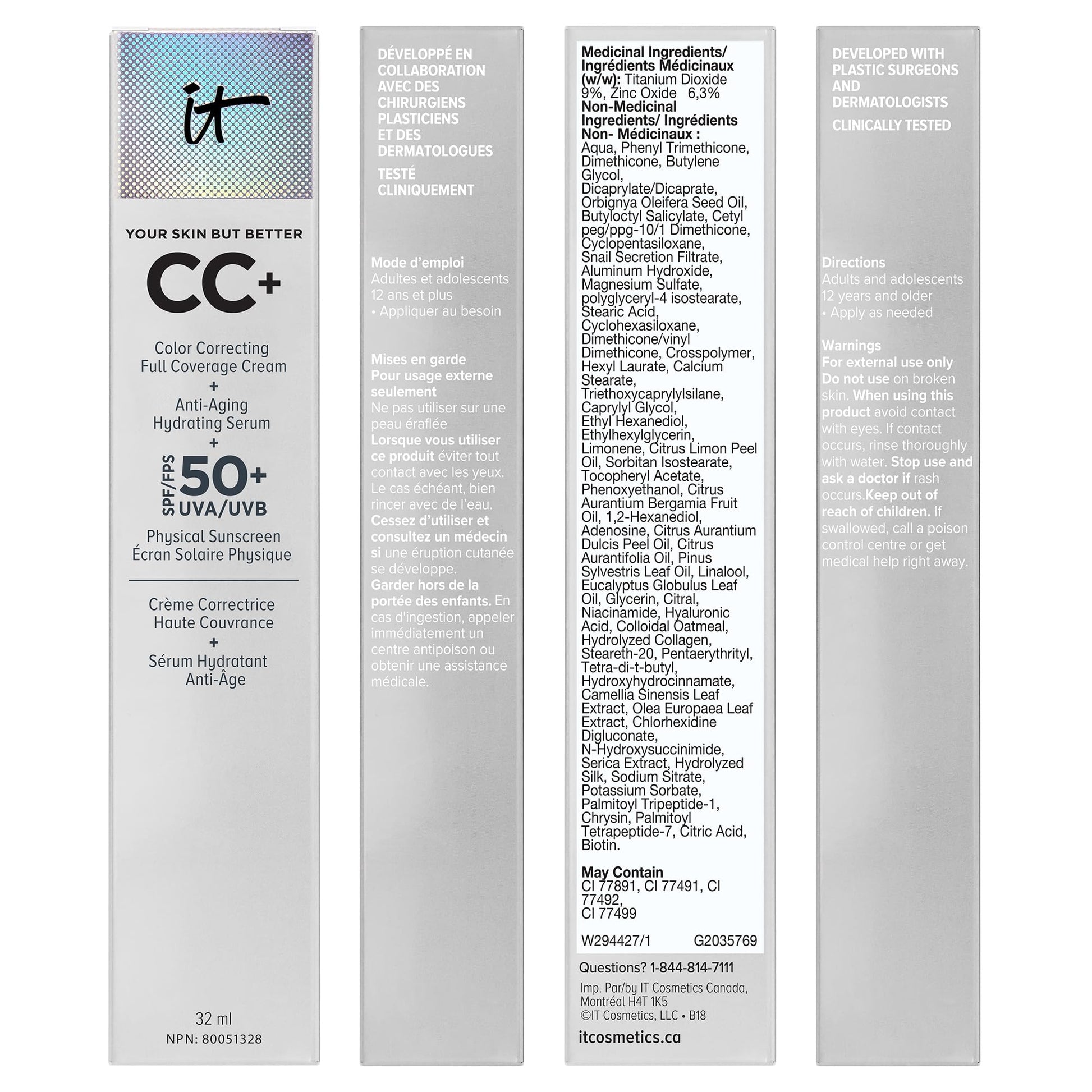 IT Cosmetics Your Skin But Better CC+ Cream, Fair Beige - Color Correcting Cream, Full-Coverage Foundation, Anti-Aging Serum & SPF 50+ Sunscreen - Natural Finish - 1.08 fl oz IT Cosmetics