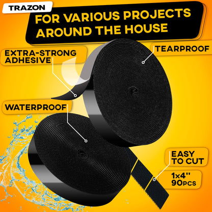 Hook and Loop Tape Roll with Heavy Duty Adhesive Industrial Strength Easy to Cut, Strong Hook and Loop Strips with Sticky Back, Black (Black, 1 Inch x 30 Feet)