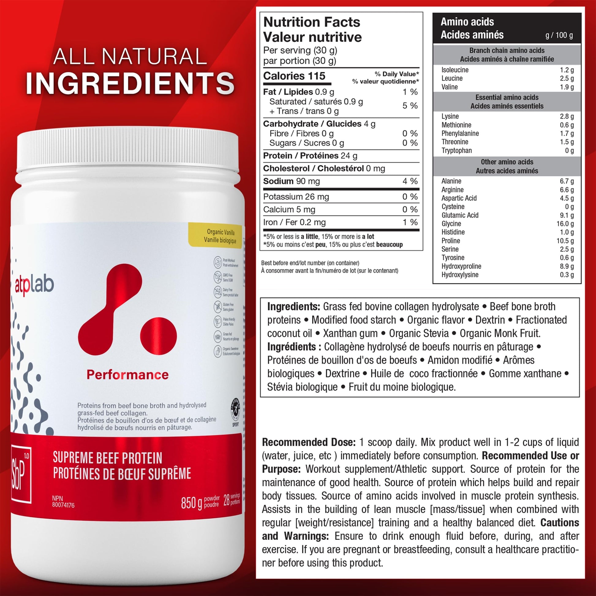 ATP LAB Supreme Beef Protein Powder Grass Fed 850g - Vanilla Flavor with Bone Broth & Hydrolyzed Collagen