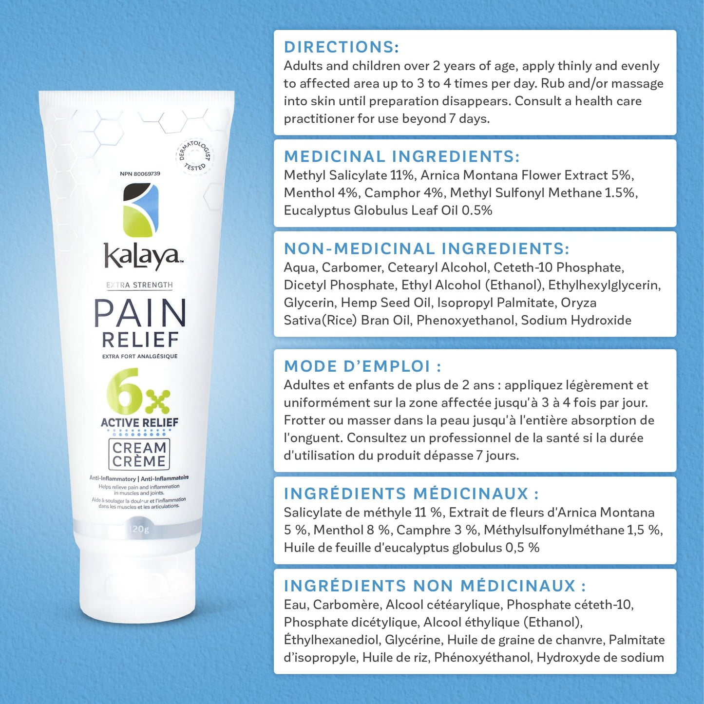 KaLaya 6X Extra Strength Pain Relief Cream with Arnica for Arthritis, Joint, Muscle, Back, Neck, Shoulder, Hand and Knee Pain- Medically formulated with 6 Natural Active, Pain Blocking & Anti inflammatory Ingredients (120g - Pack of 3) - Available at All In One Marketplace Canada