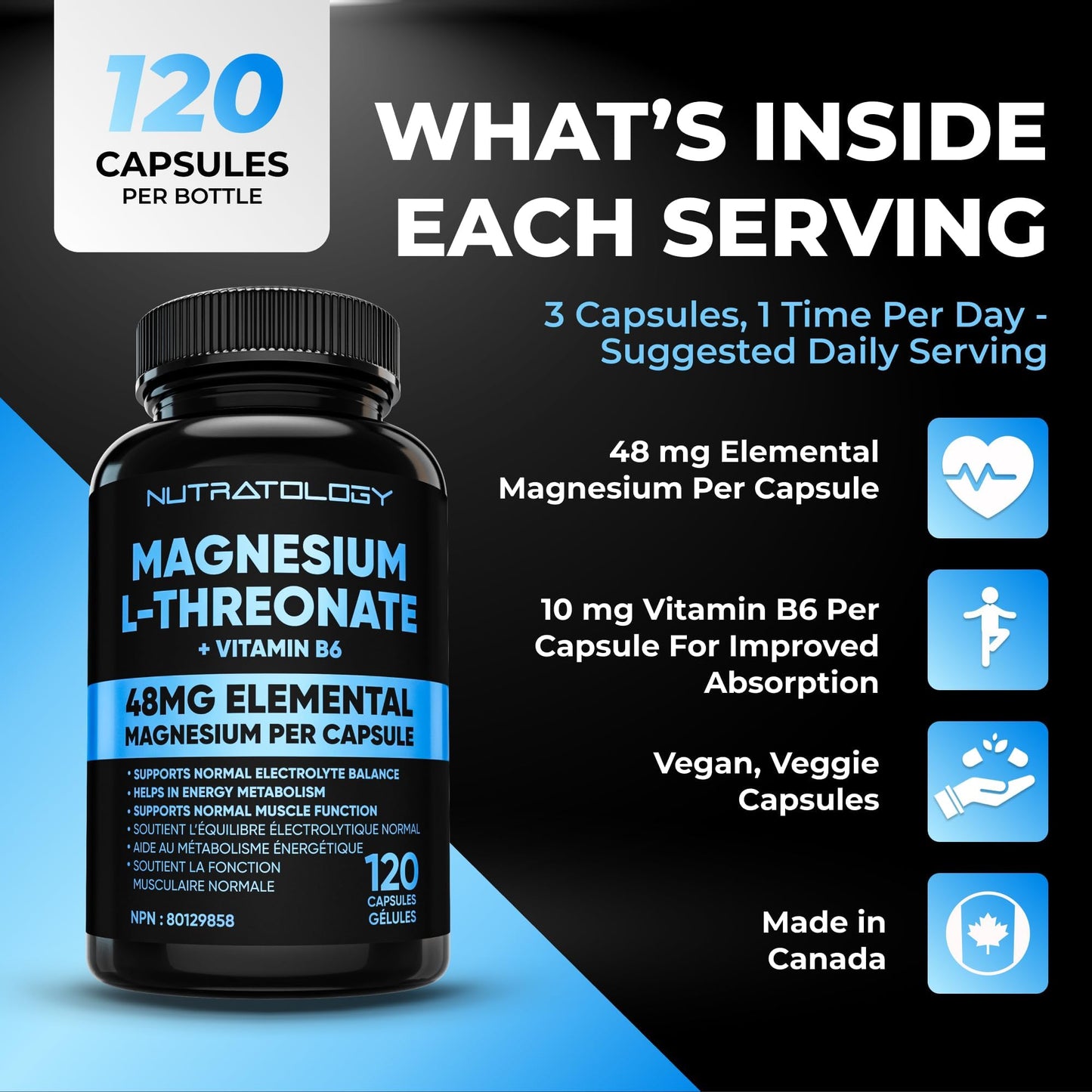 Nutratology® Magnesium L-Threonate + Vitamin B6 | Canadian-Made | Formulated To Help Support Heart & Muscle Function - Balances Electrolytes, Supports Energy Metabolism & Tissue Formation - 120 Count - Available at All In One Marketplace Canada