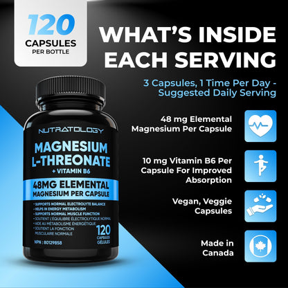Nutratology® Magnesium L-Threonate + Vitamin B6 | Canadian-Made | Formulated To Help Support Heart & Muscle Function - Balances Electrolytes, Supports Energy Metabolism & Tissue Formation - 120 Count - Available at All In One Marketplace Canada