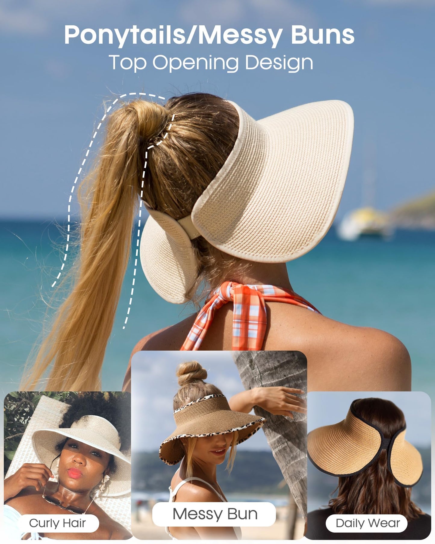FURTALK Sun Visor Hats for Women Wide Brim Straw Roll Up Ponytail Summer Beach Hat UV UPF 50 Packable Foldable Travel - Available at All In One Marketplace Canada