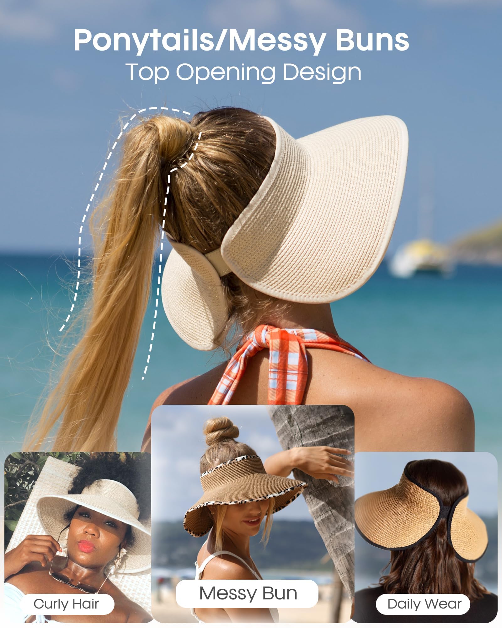 FURTALK Sun Visor Hats for Women Wide Brim Straw Roll Up Ponytail Summer Beach Hat UV UPF 50 Packable Foldable Travel - Available at All In One Marketplace Canada
