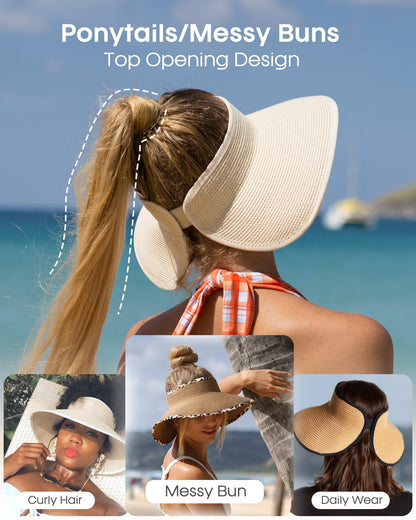 FURTALK Sun Visor Hats for Women Wide Brim Straw Roll Up Ponytail Summer Beach Hat UV UPF 50 Packable Foldable Travel - Available at All In One Marketplace Canada
