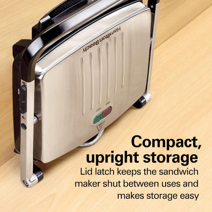 Hamilton Beach Panini Press, Sandwich Maker & Electric Indoor Grill, Upright Storage, Nonstick Easy Clean Grids, Stainless Steel (25410C)