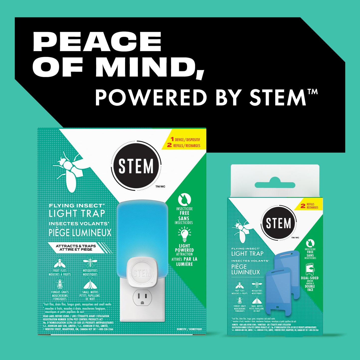 STEM Flying Insect Light Trap Kit, Fruit Fly Trap for Indoor Use, Effective Insect Control for Home, Drain Fly & Fungus Gnat Control, Insecticide-Free Plug-in Device, 1 Device + 2 Cartridges - Available at All In One Marketplace Canada