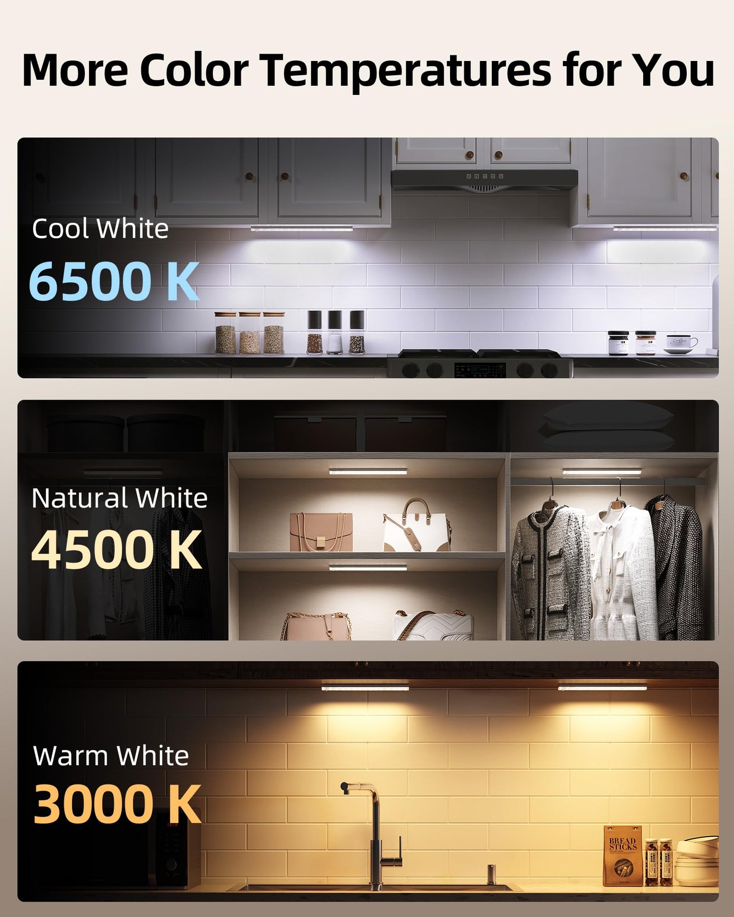 EZVALO 6-Pack Under Cabinet Lighting with Charging Station, Rechargeable Motion Sensor Lights, 3 Color Temps, Dimmable 62 LED Wireless Motion Activated Cabinet Lights with Remote for Kitchen,Pantry - Available at All In One Marketplace Canada