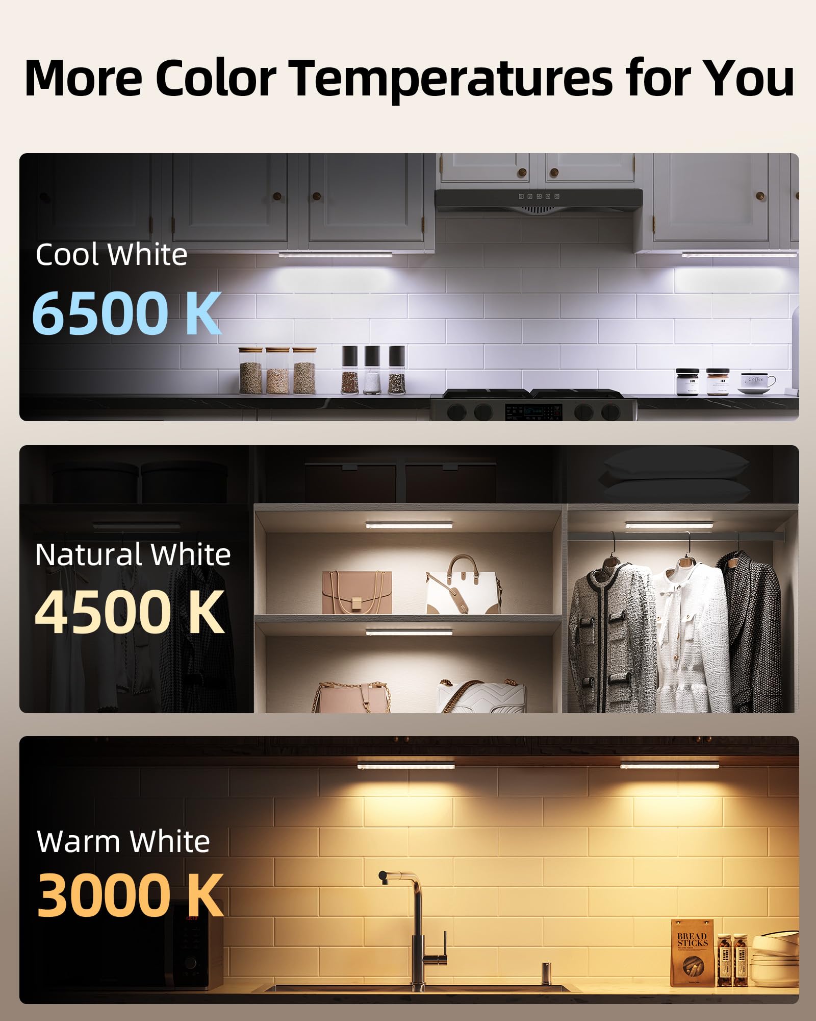 EZVALO 6-Pack Under Cabinet Lighting with Charging Station, Rechargeable Motion Sensor Lights, 3 Color Temps, Dimmable 62 LED Wireless Motion Activated Cabinet Lights with Remote for Kitchen,Pantry - Available at All In One Marketplace Canada