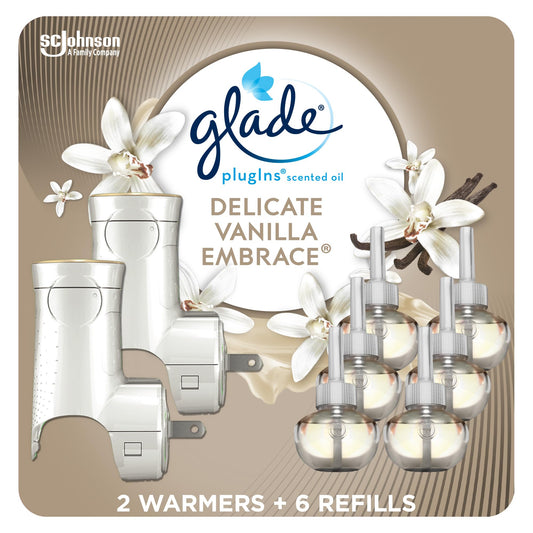 Glade PlugIns Air Freshener Refill Oil Kit, Long Lasting Scented Plug In with Essential Oils for Home, Bathroom & Kitchens, Delicate Vanilla Embrace, 2 Warmers + 6 Refills - Available at All In One Marketplace Canada
