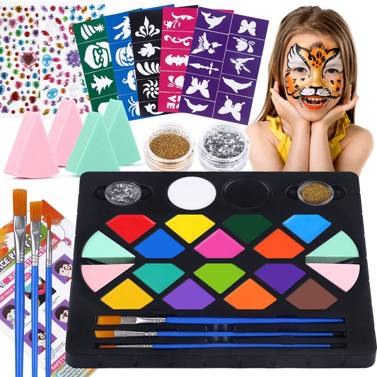 BOBISUKA Face Painting Kit for Kids - 16 Colors Water Based Body Face Paint Includes Brushes,Sponges,Glitters,Gem Sheet,Instructions,Stencils for Halloween Party Costume SFX Makeup - Available at All In One Marketplace Canada