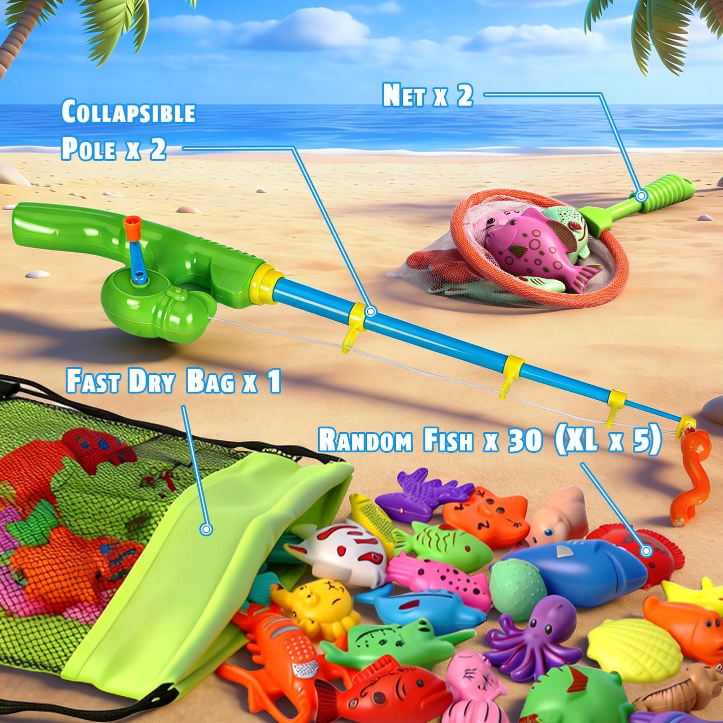 CozyBomB Magnetic Fishing Pool Toys Game for Kids - Water Table Bath-tub Kiddie Party Toy with Pole Rod Net Plastic Floating Fish Toddler Color Ocean Sea Animals Birthday Gift Age 3 4 5 6 Year Old