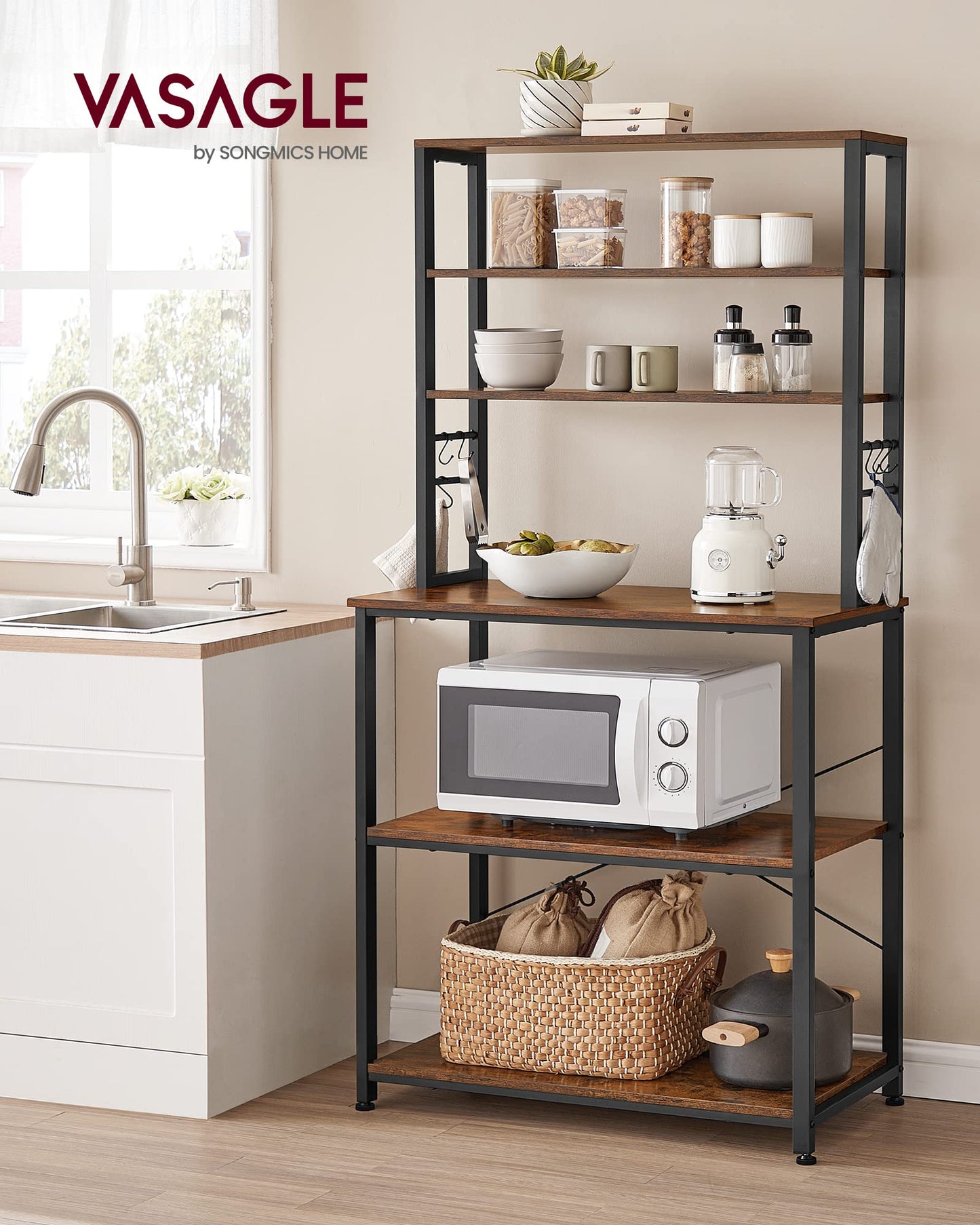 VASAGLE Coffee Bar, Baker’s Rack for Kitchen with Storage, 6-Tier Kitchen Shelves with 6 Hooks, Microwave Stand, Industrial, 15.7 x 31.5 x 65.7 Inches, Rustic Brown and Black UKKS019B01 VASAGLE