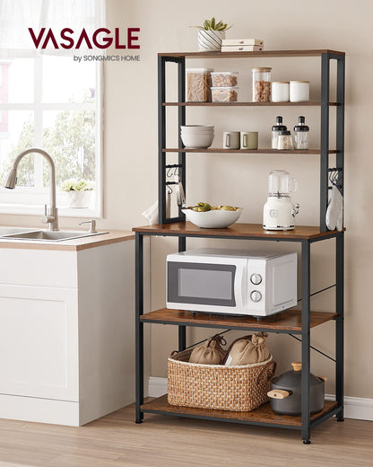 VASAGLE Coffee Bar, Baker’s Rack for Kitchen with Storage, 6-Tier Kitchen Shelves with 6 Hooks, Microwave Stand, Industrial, 15.7 x 31.5 x 65.7 Inches, Rustic Brown and Black UKKS019B01 VASAGLE