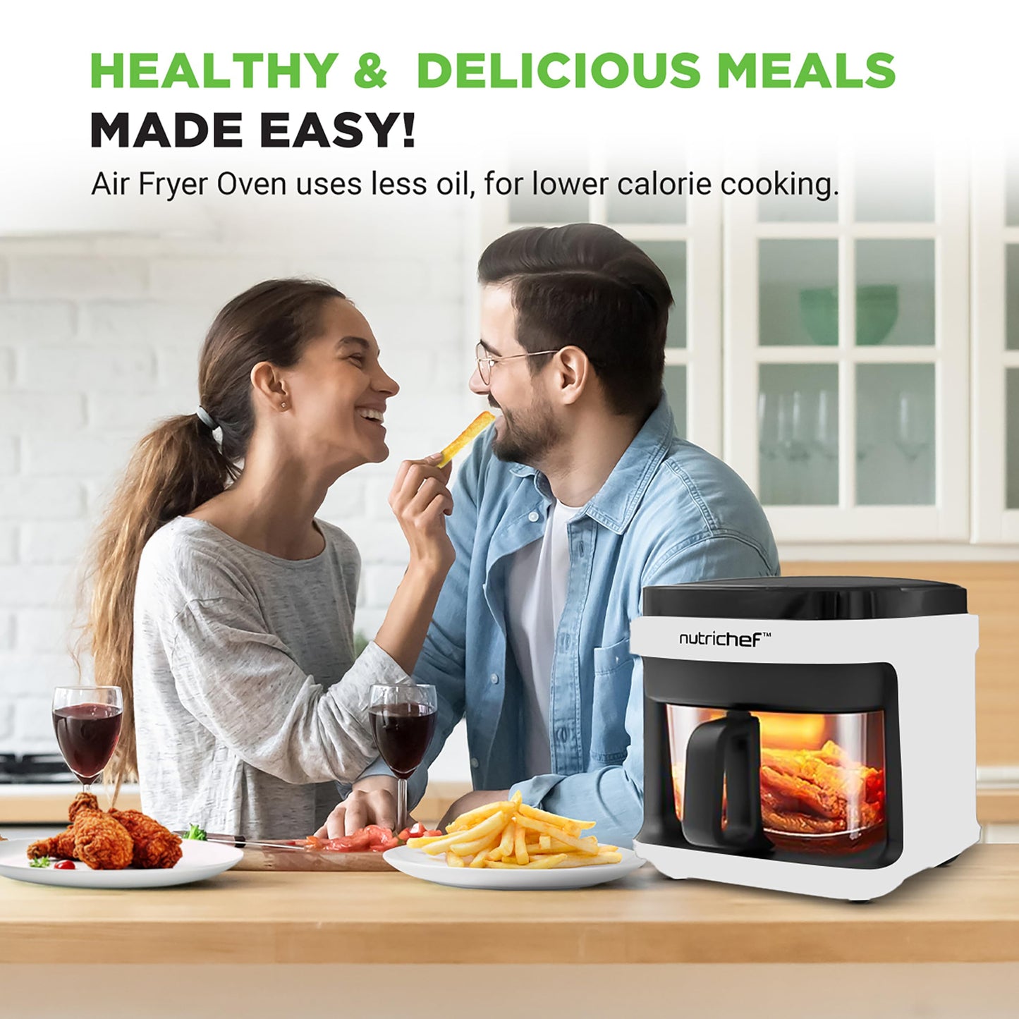 Nutrichef 5.8 Quart Air Fryer | 8-1 Preset Cook Modes | Transparent Fry Bowl for Best Cooking Results | Cook Shrimp, Steak, Fries, Wings, Chicken & More | Precise Temperature Control & Time | White NutriChef