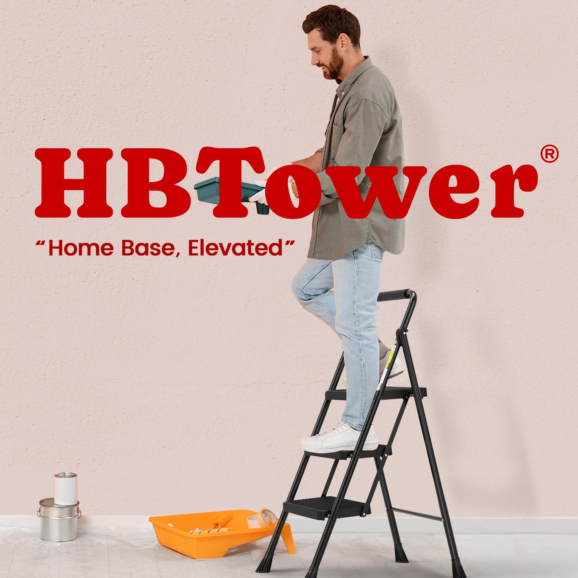 HBTower 3 Step Ladder, Folding Step Stool with Wide Anti-Slip Pedal, 500lbs Sturdy Steel Ladder, Convenient Handgrip, Lightweight, Portable Steel Step Stool, Black - Available at All In One Marketplace Canada
