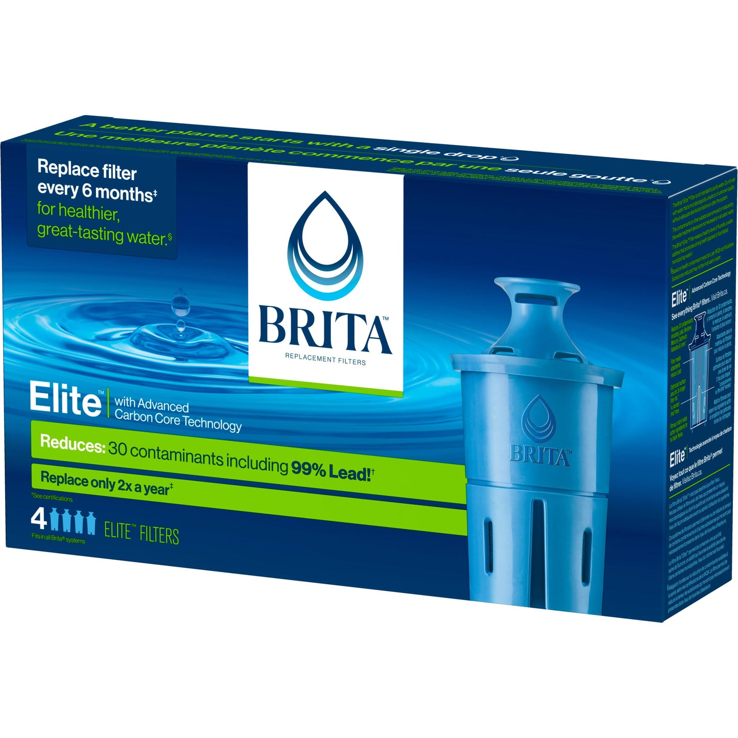 Brita Elite Replacement Filter, Reduces 30+ contaminants While Keeping Healthy Minerals, WQA Certified to Reduce Lead, Microplastics, Chromium and Chlorine, Lasts 6 Months, 4 Count