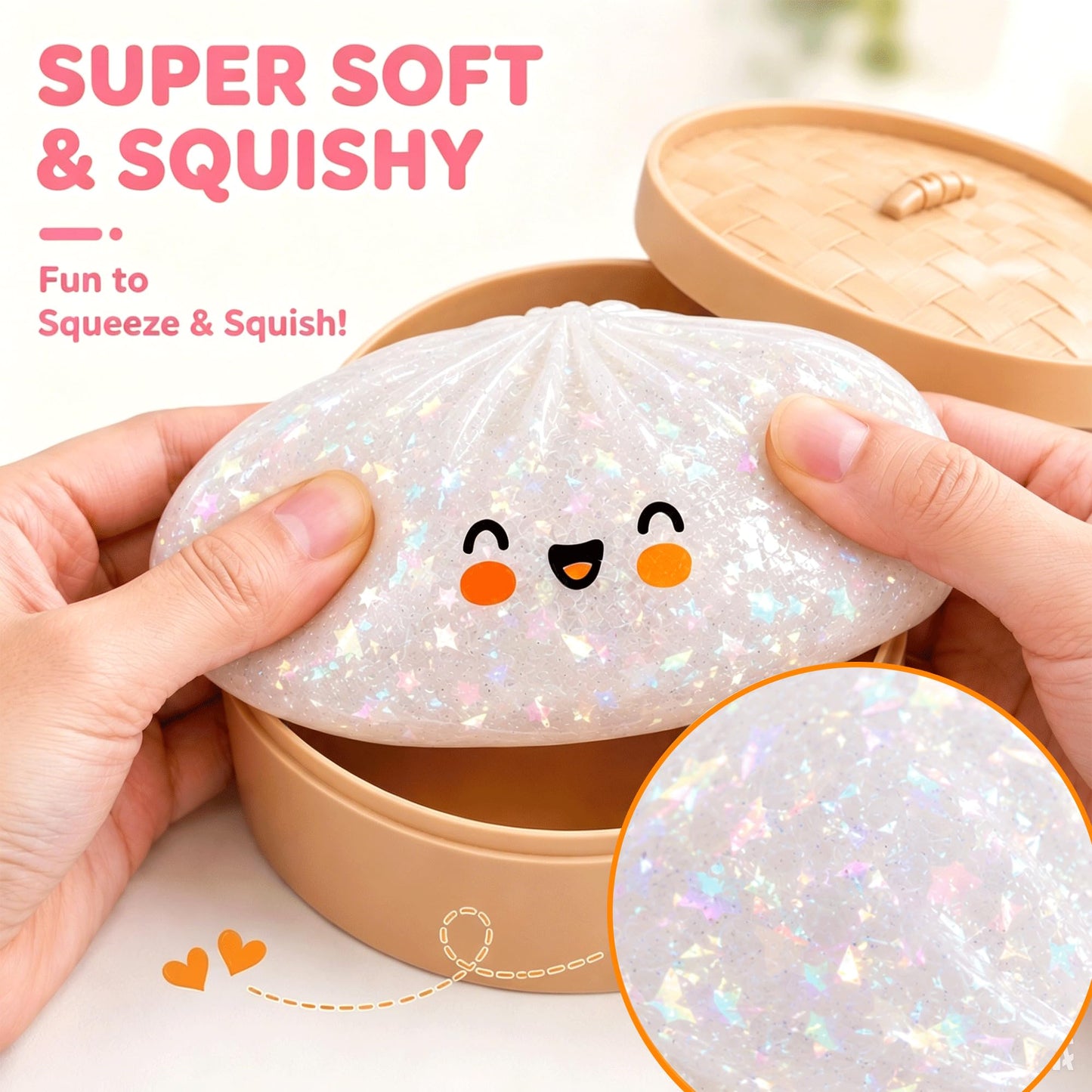 Glitter Dumpling Squishy, Colorful Mystery Dumpling Squishy Surprise Stress Relief, Cute Soft Squeeze Decompression Dough with Steamer (1pcs-White) - Available at All In One Marketplace Canada