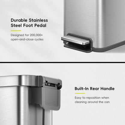 EKO Hudson Slim 50L / 13.2 Gallon Kitchen Trash Can with Lid, Stainless Steel Step Garbage Can for Kitchen or Home, Space-Saving Garbage Can with Soft Close Lid, Stay-Open, Liner Ring, Handle