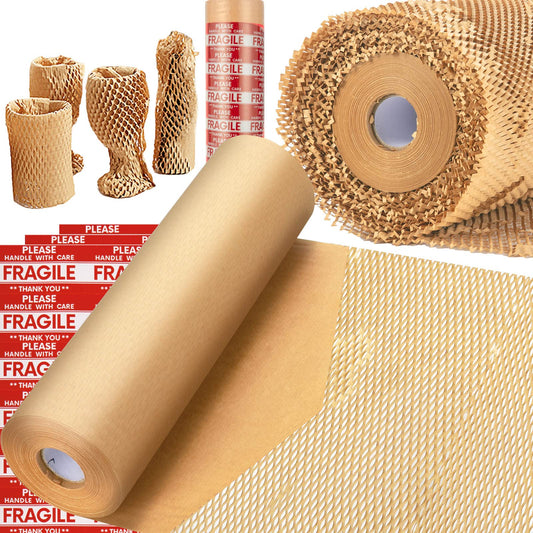 Honeycomb Packing Paper, MINHAO 15"x230' Eco Friendly Packing Paper for Moving Recyclable Honeycomb Paper Moving Supplies Bubble Wrapping Protective Roll, With 36 Fragile Sticker Labels