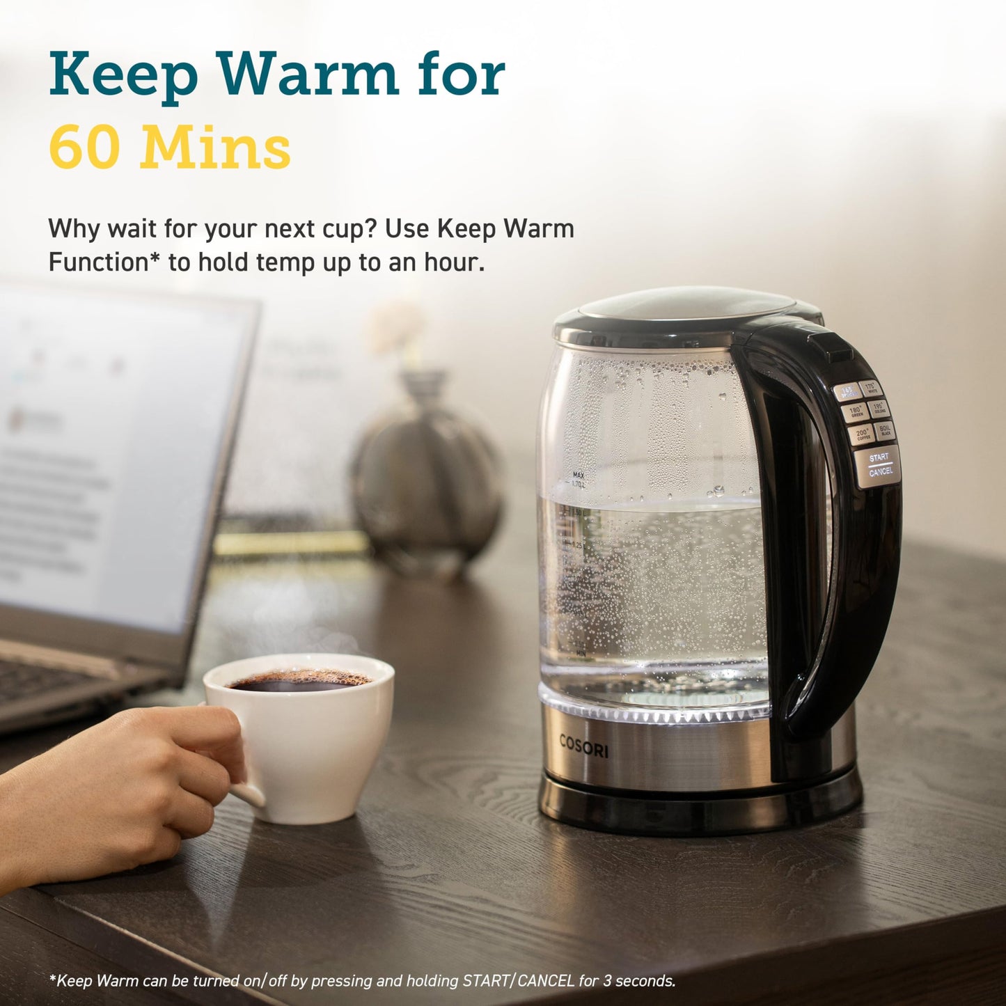 Cosori Electric Kettle, 6 Temperature Presets, 1.7L Glass Tea Kettle, Black