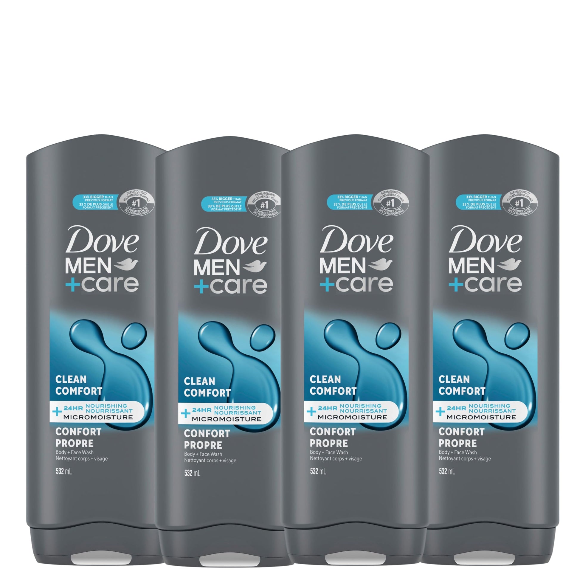 Dove Men+Care Body and Face Wash with 24-hour Nourishing Micromoisture, Clean Comfort, Men's Body Wash, 532mL, Pack of 4 - Available at All In One Marketplace Canada