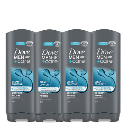 Dove Men+Care Body and Face Wash with 24-hour Nourishing Micromoisture, Clean Comfort, Men's Body Wash, 532mL, Pack of 4 - Available at All In One Marketplace Canada