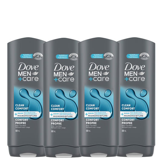Dove Men+Care Body and Face Wash with 24-hour Nourishing Micromoisture, Clean Comfort, Men's Body Wash, 532mL, Pack of 4 - Available at All In One Marketplace Canada